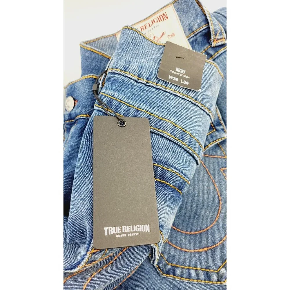 NWT True Religion Ricky Big T‎ Flap Straight Blue Jeans - Size 38x34